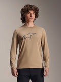Alpinestars A-Dura Astar Jersey met lange mouwen, lichtbruin, MTB-mountainbikeshirt, met een groot donkergrijs Astars-logo op de borst, normale pasvorm, technische vochtafvoerende stof voor off-road prestaties