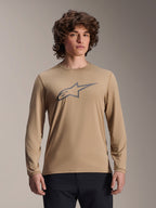 Alpinestars A-Dura Astar Jersey met lange mouwen, lichtbruin, MTB-mountainbikeshirt, met een groot donkergrijs Astars-logo op de borst, normale pasvorm, technische vochtafvoerende stof voor off-road prestaties