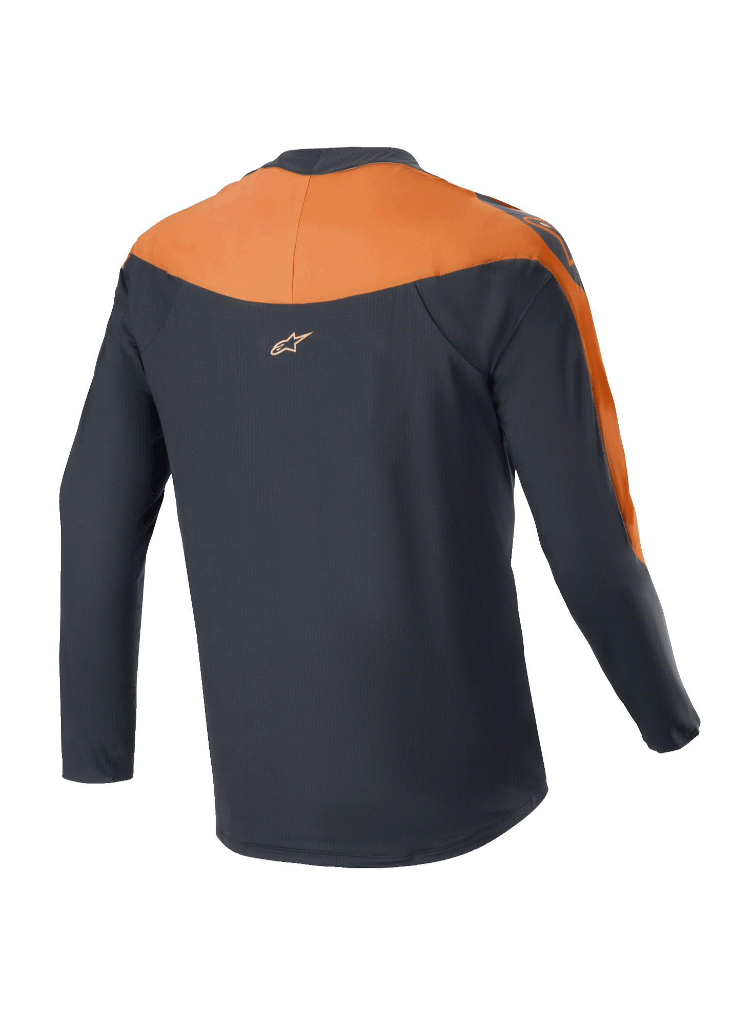 Alpinestars A-Supra Race Jersey - Long Sleeve, MTB Jersey, Black and Orange, rear view showing orange shoulder and sleeve panels, small Alpinestars logo on the upper back, dropped tail design for cycling coverage