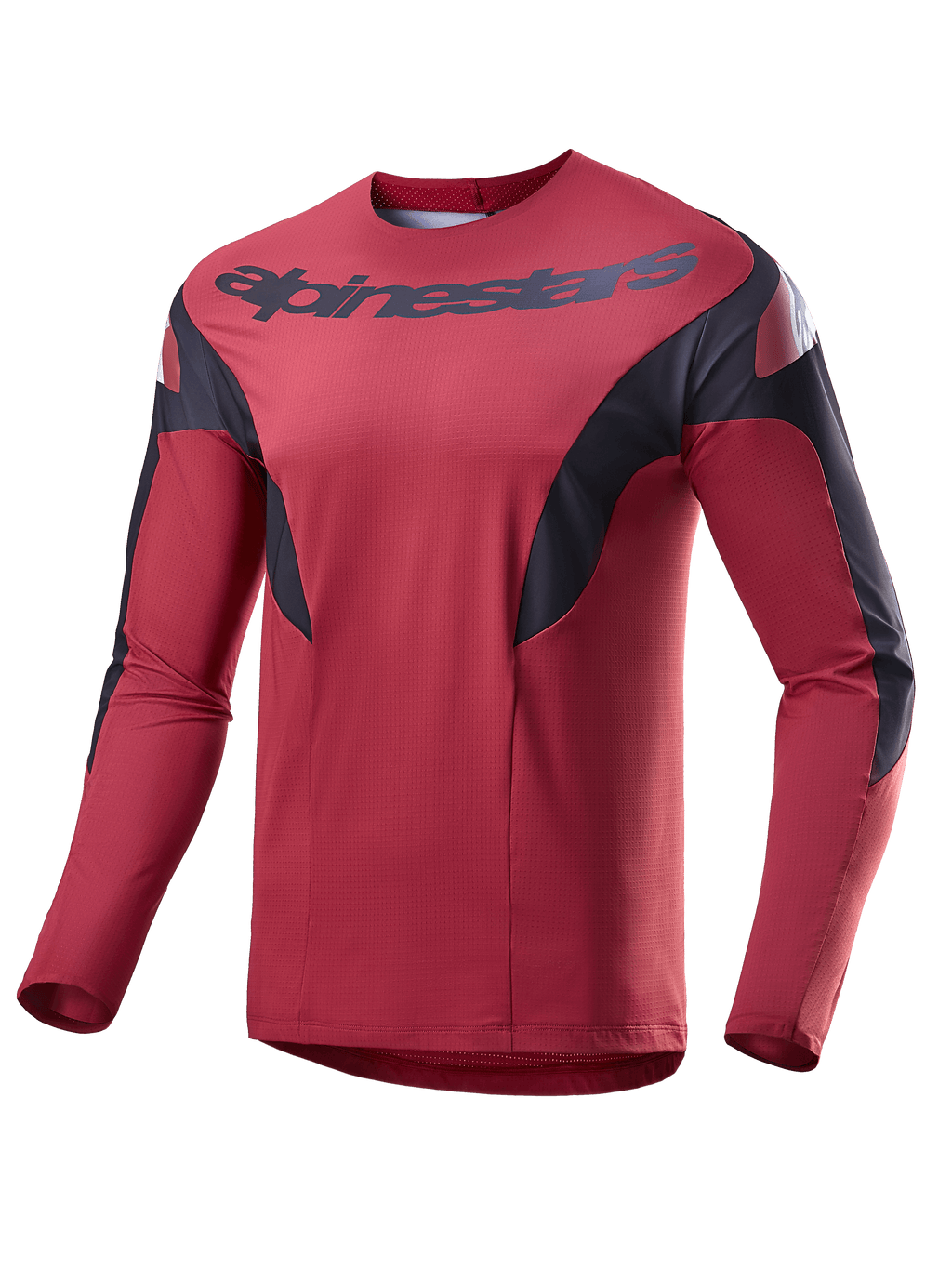 Alpinestars A-Supra Race Jersey, Long Sleeve MTB Jersey, Burgundy with black side panels and white accents, featuring Alpinestars wordmark across the chest, lightweight micro-perforated fabric for mountain bike racing