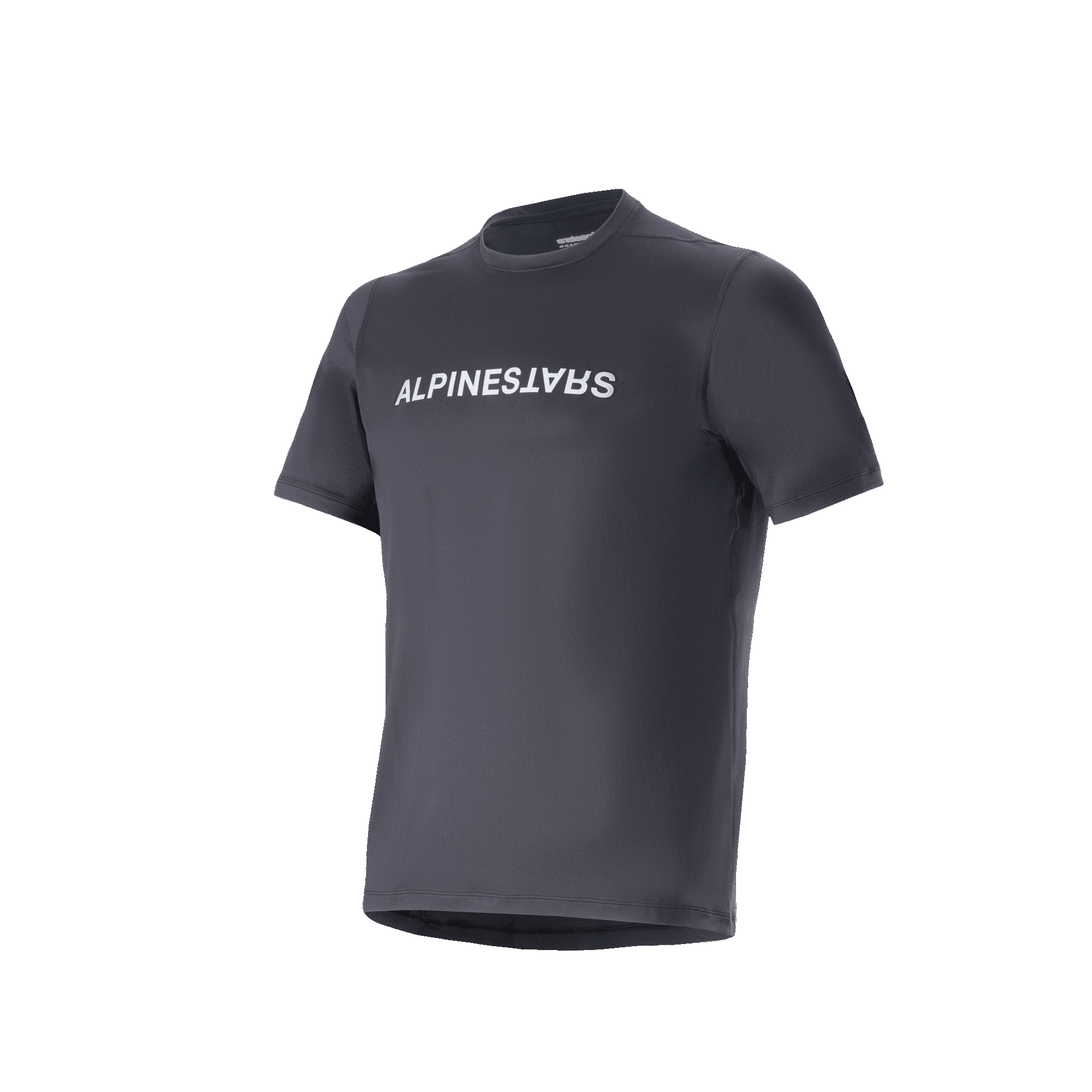Alpinestars A-Dura Switch Short Sleeve Jersey, Black, featuring white Alpinestars wordmark graphic on the chest, lightweight moisture-wicking jacquard fabric, casual performance apparel for mountain biking