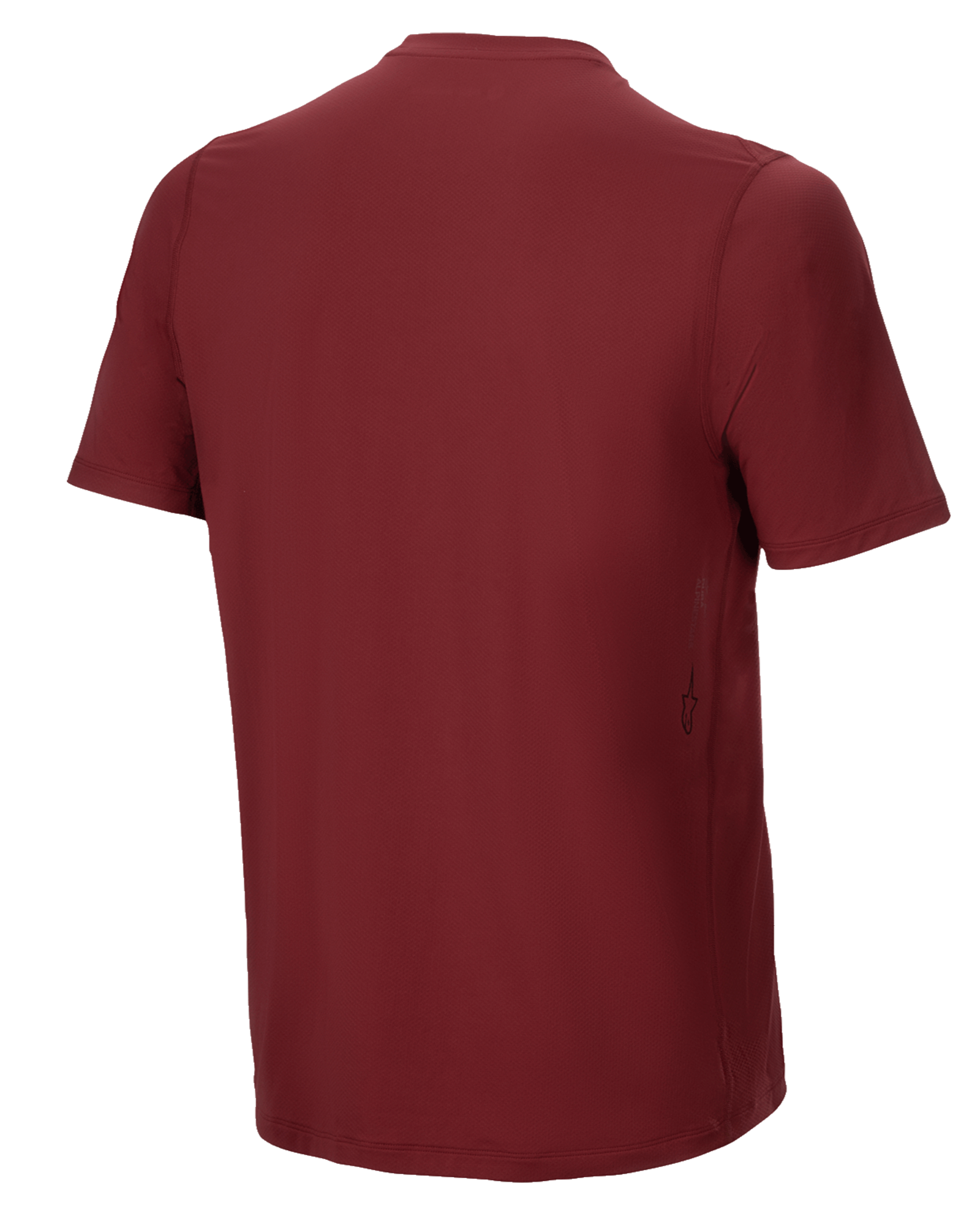 Alpinestars A-Dura Switch Short Sleeve Jersey, Burgundy, Back view, featuring a drop tail hem and a small vertical Alpinestars logo on the lower side, performance MTB cycling apparel.