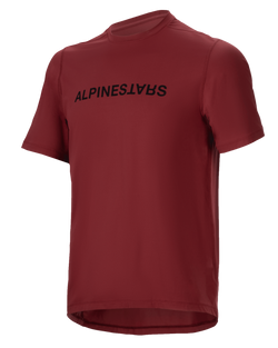 Alpinestars A-Dura Switch Jersey, Short Sleeve MTB Jersey, Burgundy, Black wordmark logo on chest, lightweight moisture-wicking fabric, round neck and drop tail, designed for off-road cycling