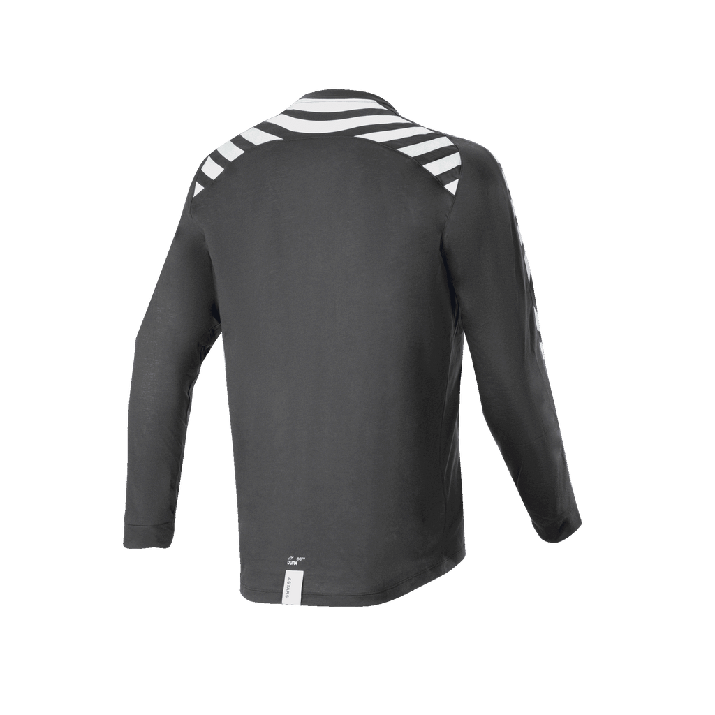 Alpinestars A-Dura Dri Oscar Long Sleeve Jersey, Black Reflective, achteraanzicht met witte reflecterende strepen op de schouders en armen, technische gerecyclede drirelease stof, langere drop tail voor off-road fietsen