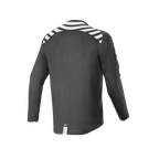 Alpinestars A-Dura Dri Oscar Long Sleeve Jersey, Black Reflective, achteraanzicht met witte reflecterende strepen op de schouders en armen, technische gerecyclede drirelease stof, langere drop tail voor off-road fietsen