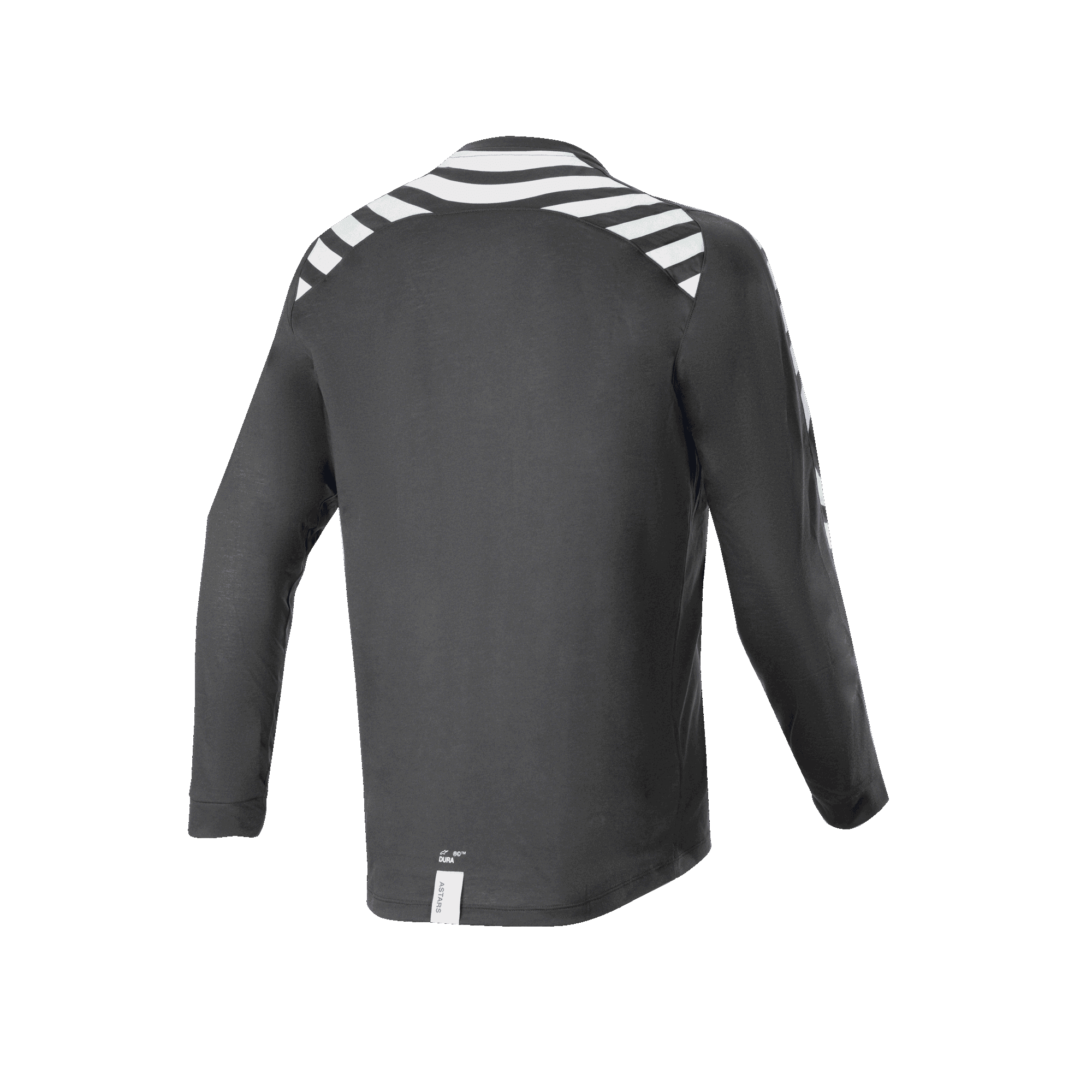 Alpinestars A-Dura Dri Oscar Long Sleeve Jersey, Black Reflective, achteraanzicht met witte reflecterende strepen op de schouders en armen, technische gerecyclede drirelease stof, langere drop tail voor off-road fietsen