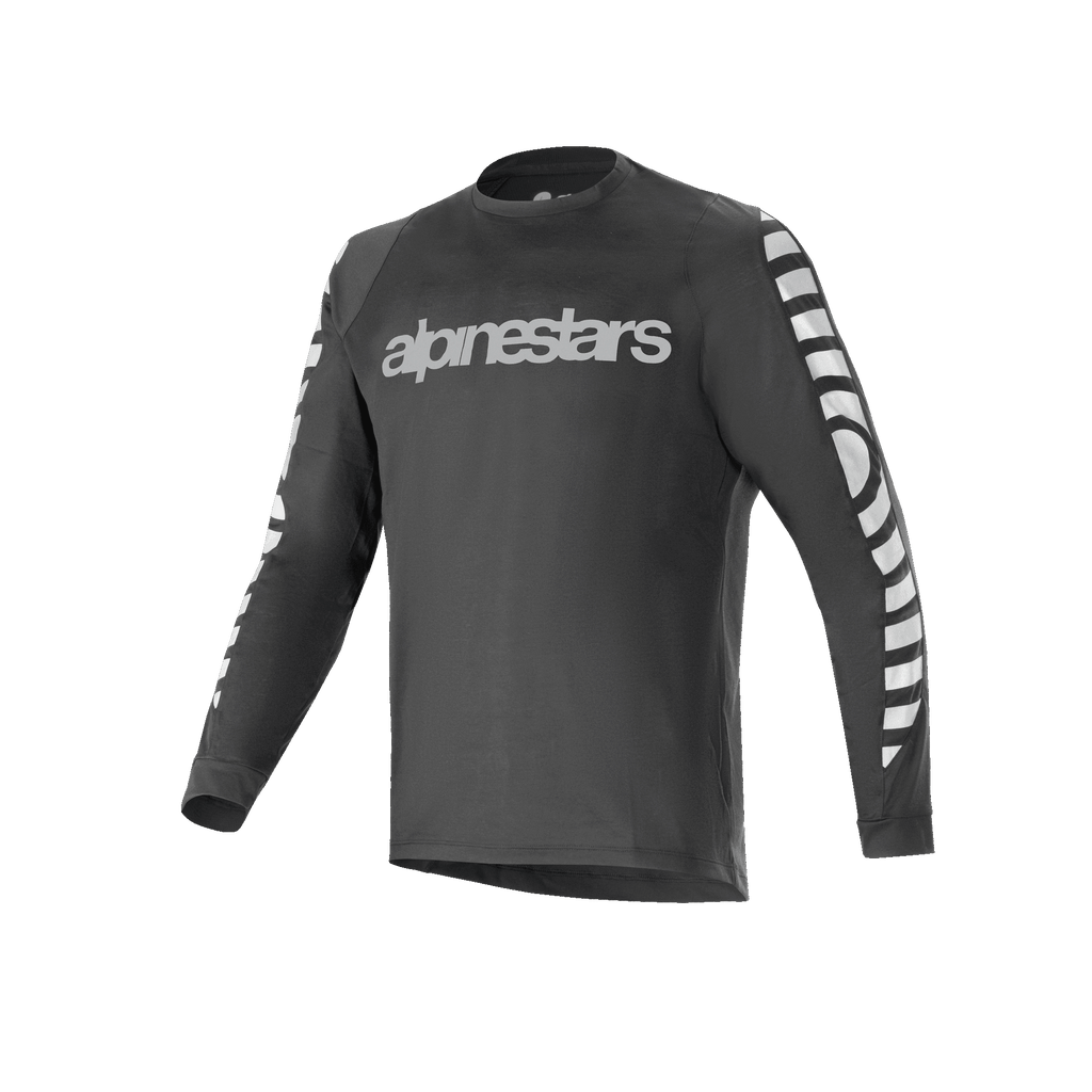 Alpinestars A-Dura Dri Oscar Jersey met lange mouwen, mountainbikeshirt, zwart reflecterend, voorzien van een groot zilveren reflecterend woordmerk op de borst en grafische patronen op de mouwen, technische performance-kleding voor mountainbiken