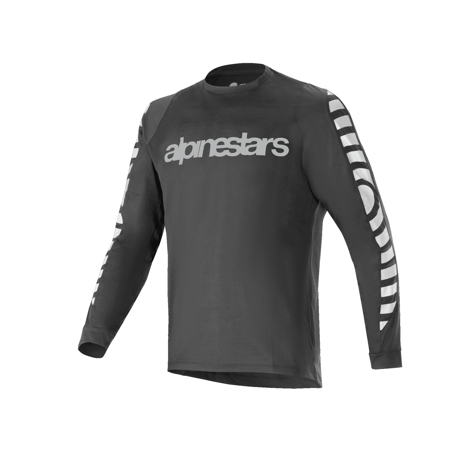 Alpinestars A-Dura Dri Oscar Jersey met lange mouwen, mountainbikeshirt, zwart reflecterend, voorzien van een groot zilveren reflecterend woordmerk op de borst en grafische patronen op de mouwen, technische performance-kleding voor mountainbiken