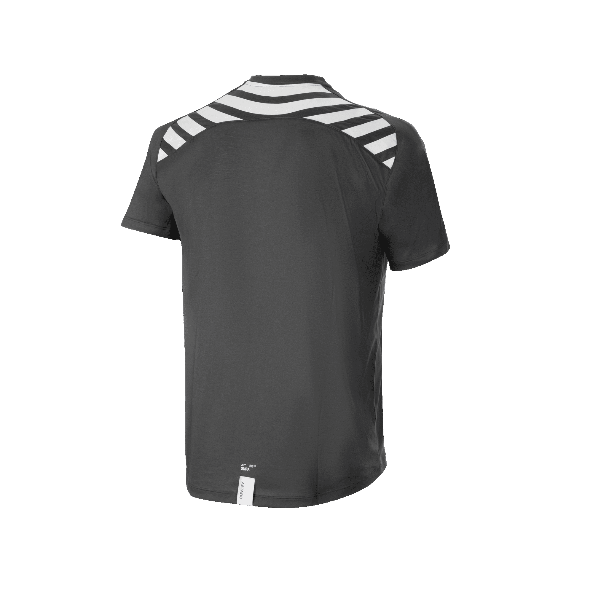 Alpinestars A-Dura Dri Oscar jersey met korte mouwen, MTB-jersey, Zwart Reflective, achteraanzicht met witte diagonale strepen op de schouders en rug, verlengde achterzoom voor extra dekking tijdens het fietsen