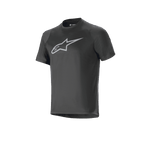 Alpinestars A-Dura Dri Oscar Jersey - korte mouwen, Black Reflective, met een groot zilveren reflecterend Alpinestars-logo op de borst, technische mountainbike-jersey met een normale pasvorm