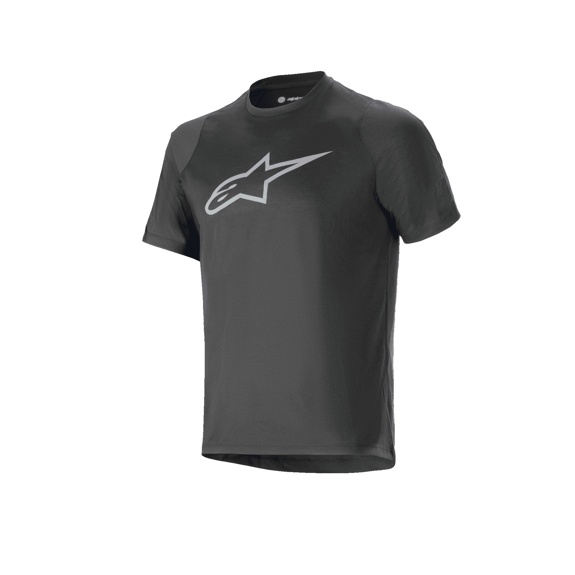 Alpinestars A-Dura Dri Oscar Jersey - korte mouwen, Black Reflective, met een groot zilveren reflecterend Alpinestars-logo op de borst, technische mountainbike-jersey met een normale pasvorm