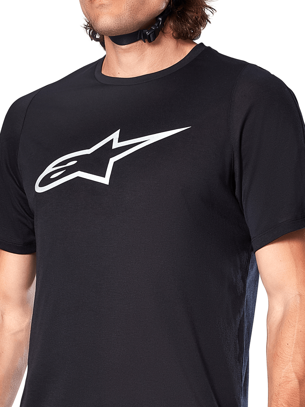 Alpinestars A-Dura Dri Oscar Jersey, MTB-jersey met korte mouwen, zwart reflecterend, groot wit Alpinestars-logo op de borst, technische vochtafvoerende stof voor mountainbiken