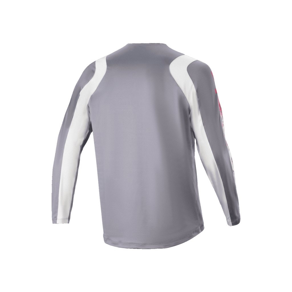 Alpinestars A-Supra Astar Long Sleeve Jersey, Dark Gray and White, back view showing ventilated mesh texture and longer drop tail, performance cycling gear for MTB