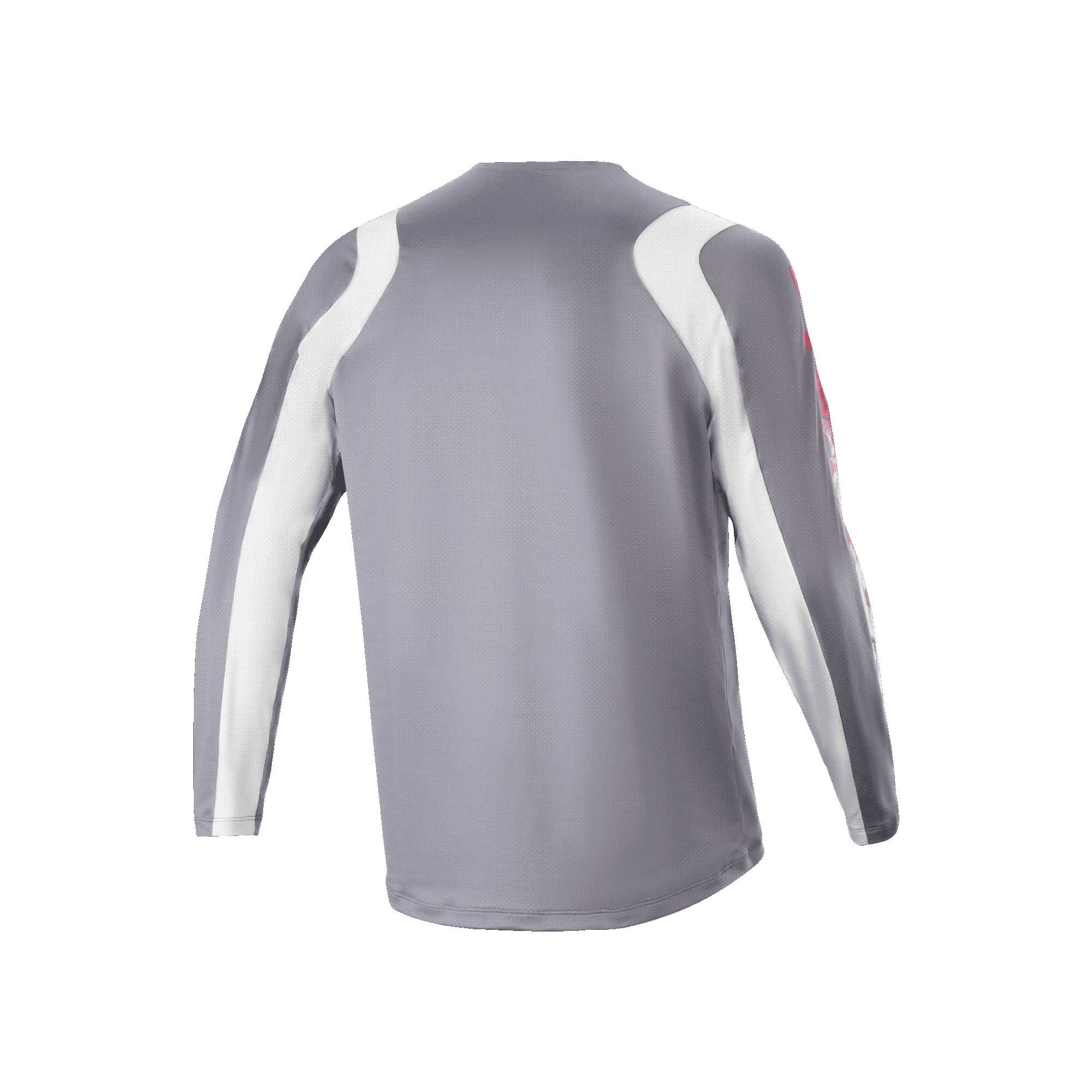 Alpinestars A-Supra Astar Long Sleeve Jersey, Dark Gray and White, back view showing ventilated mesh texture and longer drop tail, performance cycling gear for MTB