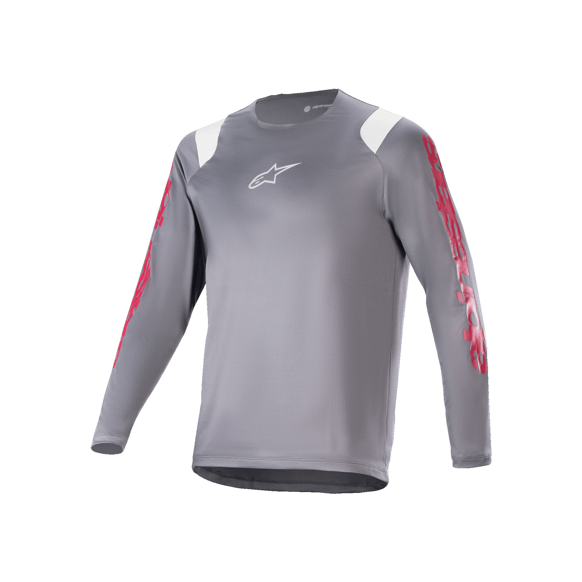 Alpinestars A-Supra Astar Long Sleeve Jersey, Dark Gray MTB Jersey with red sleeve graphics and white shoulder accents, white Astars logo on chest, performance cycling apparel for mountain biking