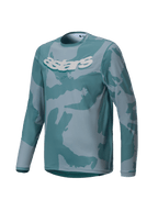 Alpinestars Youth A-Dura Hollow Camo Jersey, Long Sleeve MTB Jersey, Silver Pine Camo with teal and gray patterns, bold white astars graphic on chest, performance fabric for youth trail riding