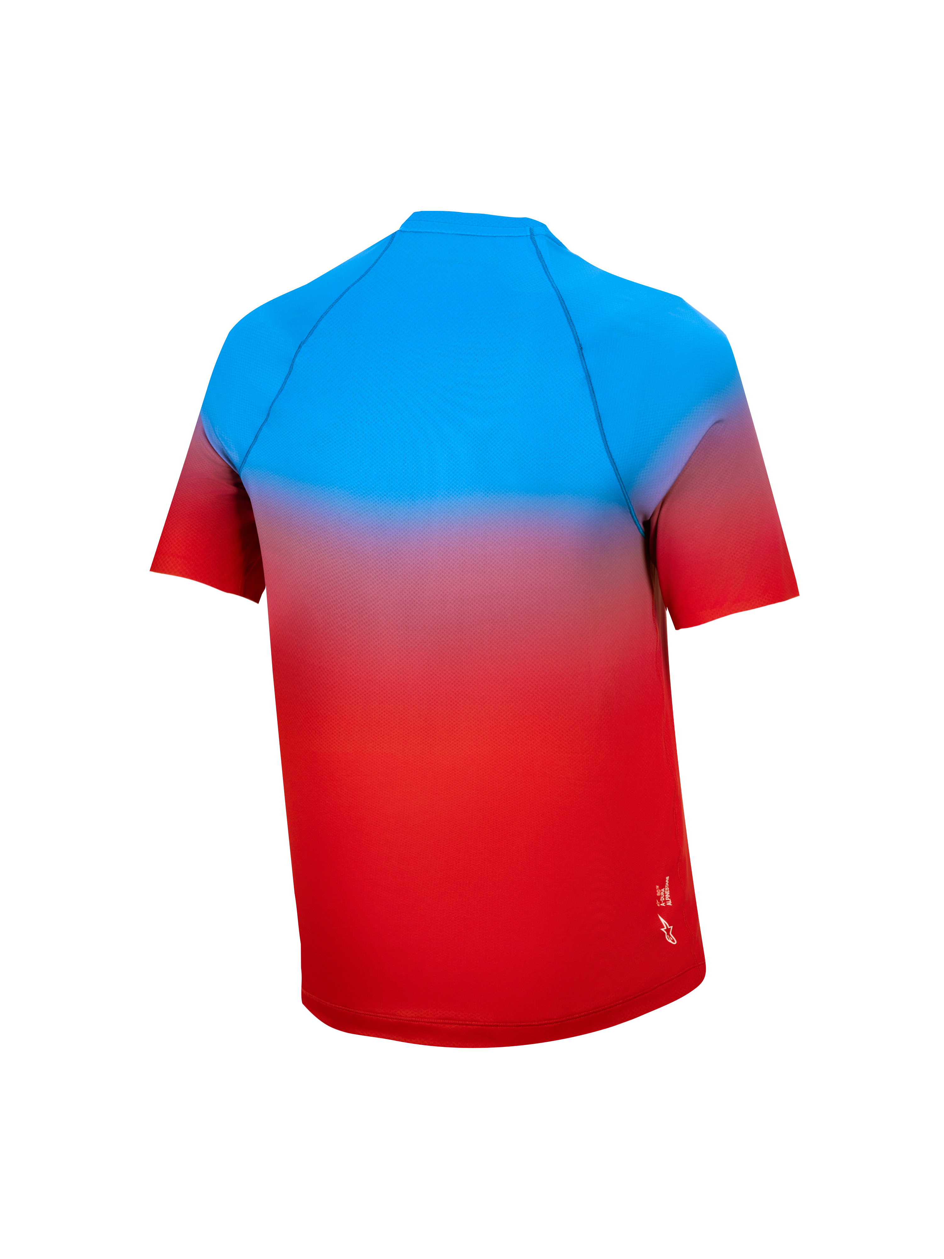 Jeugd A-Dura Astars Jersey 2.0, MTB-shirt met korte mouwen en felrood-blauw kleurverloop, achteraanzicht.