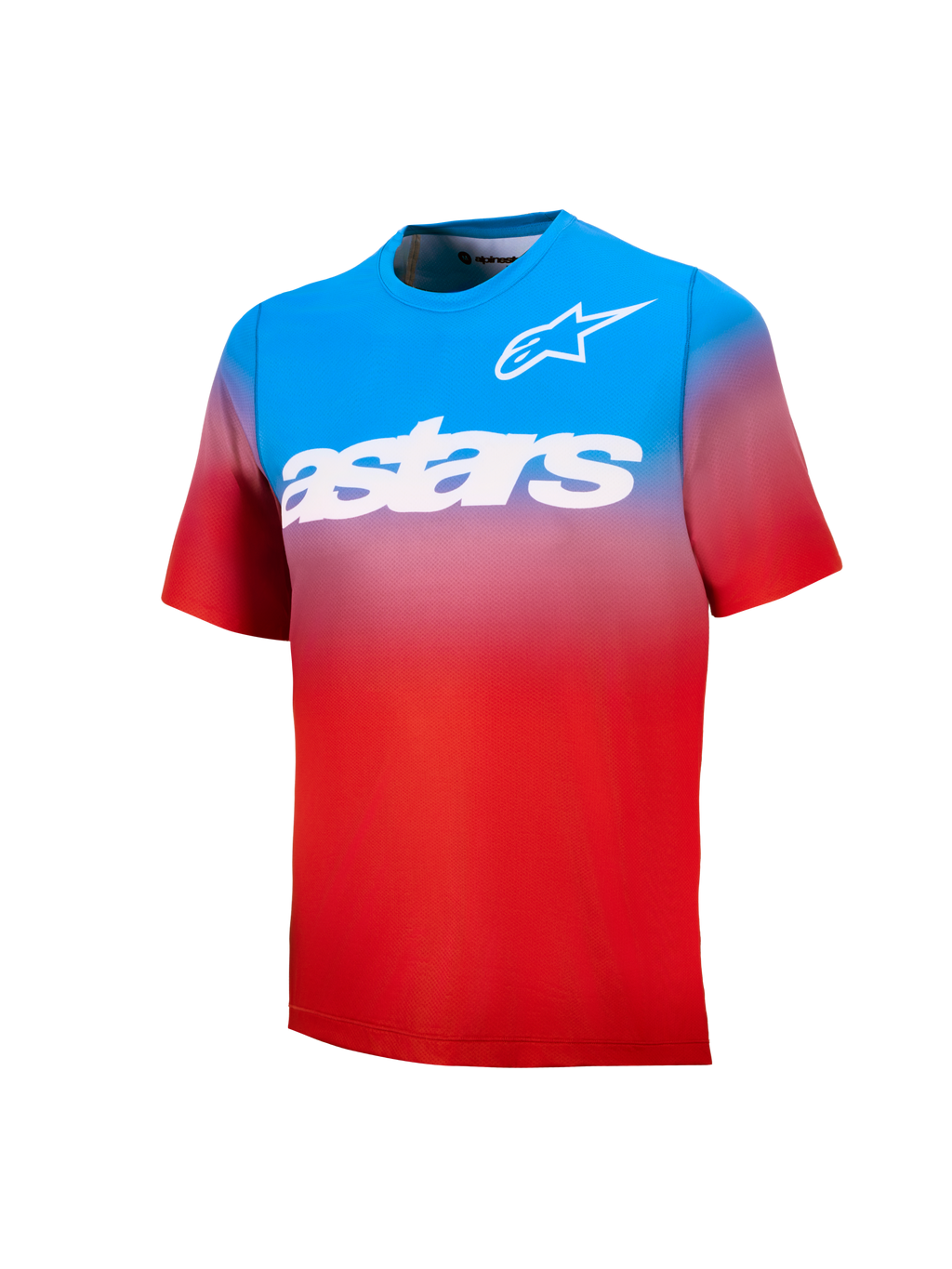 Jeugd A-Dura Astars 2.0 MTB-shirt, blauw en rood kleurverloop, korte mouwen met witte logo's en woordmerk.