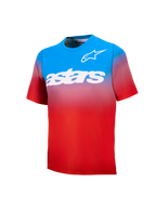 Jeugd A-Dura Astars 2.0 MTB-shirt, blauw en rood kleurverloop, korte mouwen met witte logo's en woordmerk.