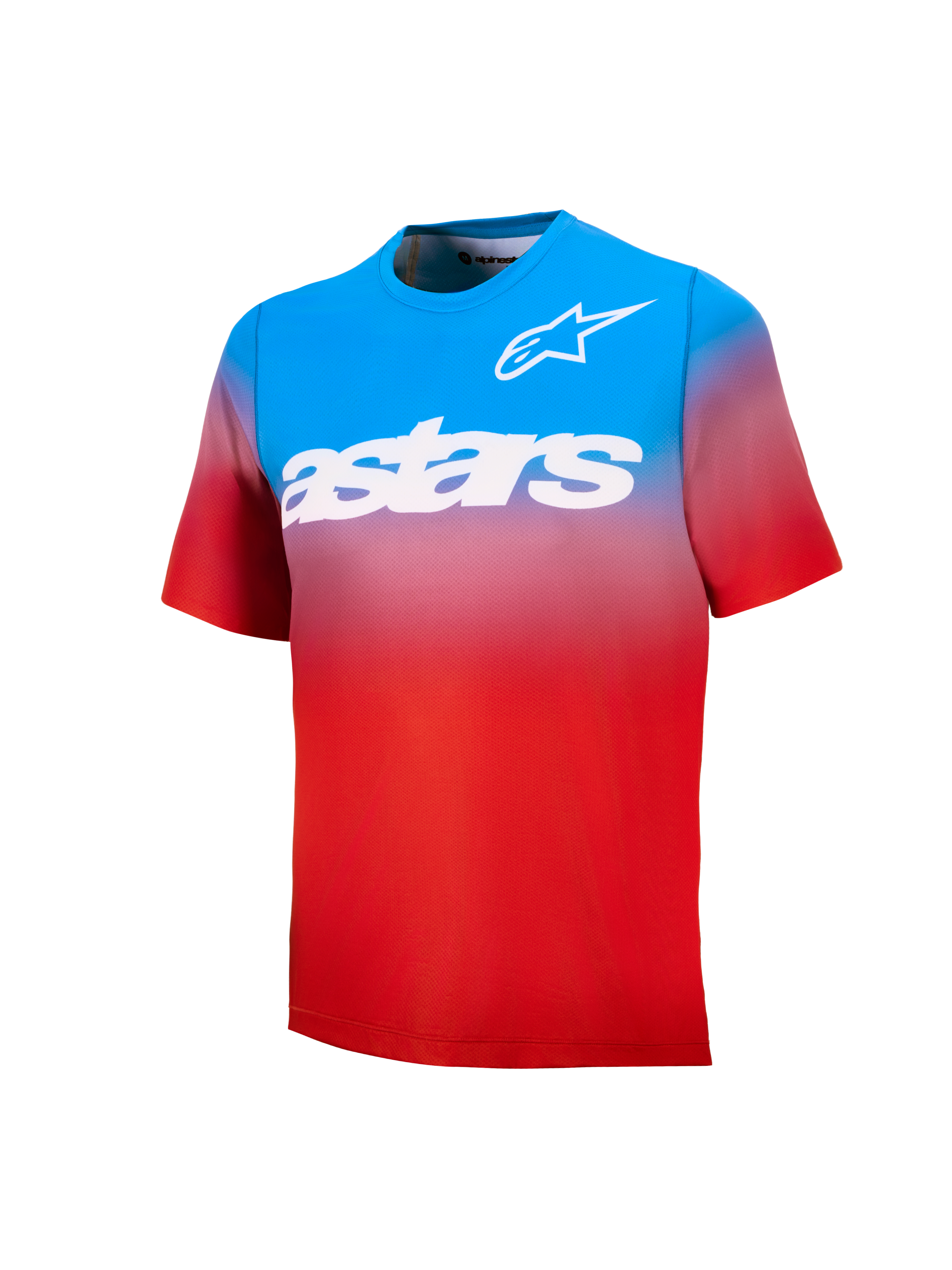 Jeugd A-Dura Astars 2.0 MTB-shirt, blauw en rood kleurverloop, korte mouwen met witte logo's en woordmerk.