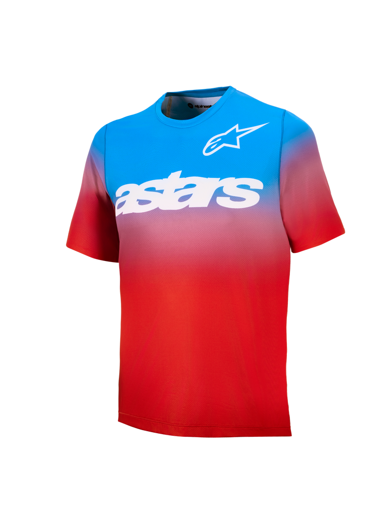 Jeugd A-Dura Astars 2.0 MTB-shirt, blauw en rood kleurverloop, korte mouwen met witte logo's en woordmerk.