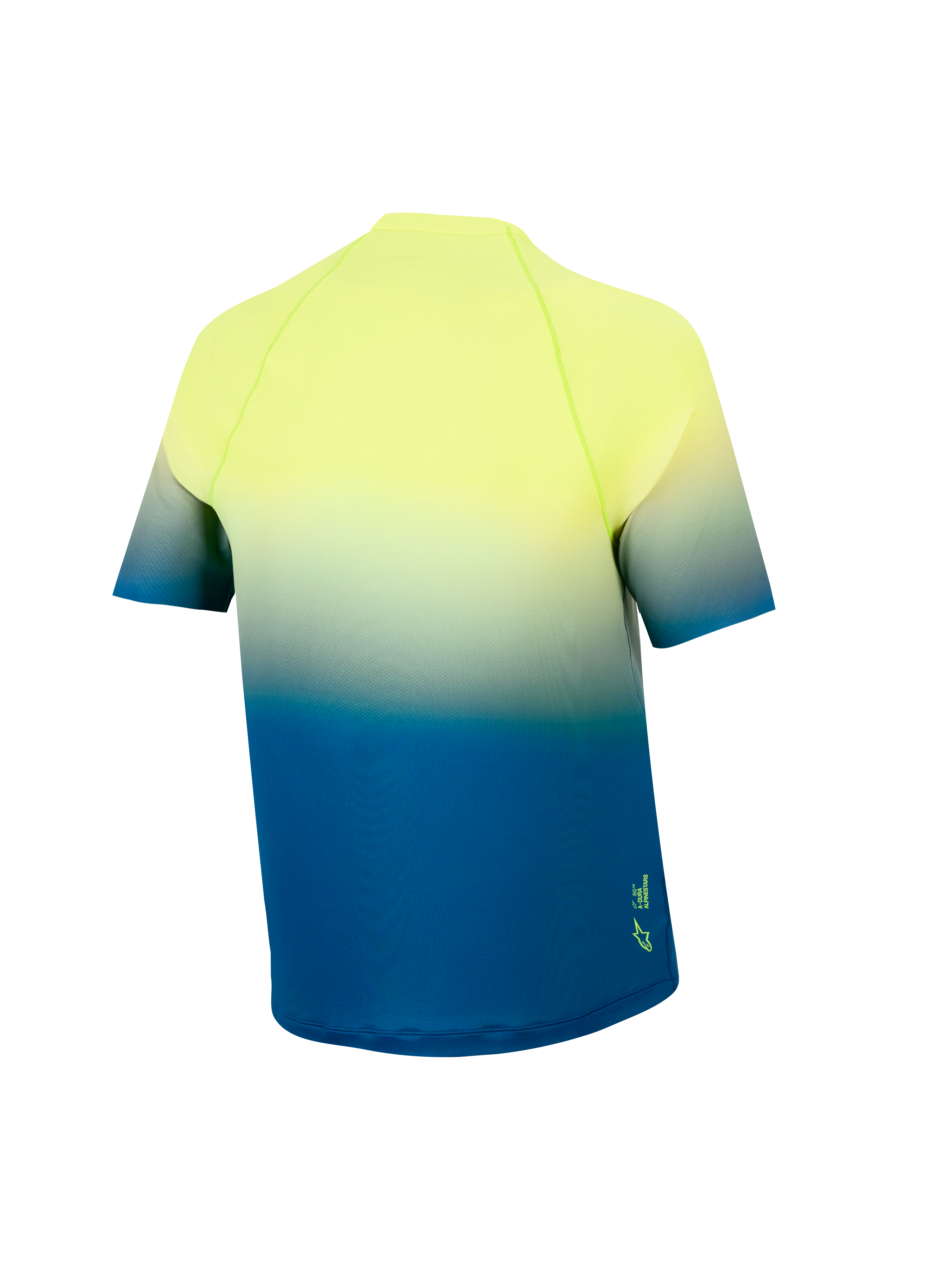 Jeugd A-Dura Astars 2.0 MTB-jersey met korte mouwen, geel-blauw kleurverloop en een verlengde achterzoom.