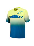 Jeugd A-Dura Astars Trui 2.0, MTB-shirt met korte mouwen, geel-blauw kleurverloop en opvallende blauwe borstlogo's.