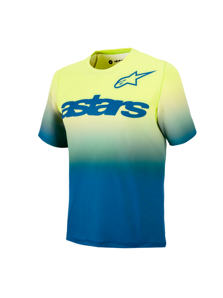 Jeugd A-Dura Astars Trui 2.0, MTB-shirt met korte mouwen, geel-blauw kleurverloop en opvallende blauwe borstlogo's.