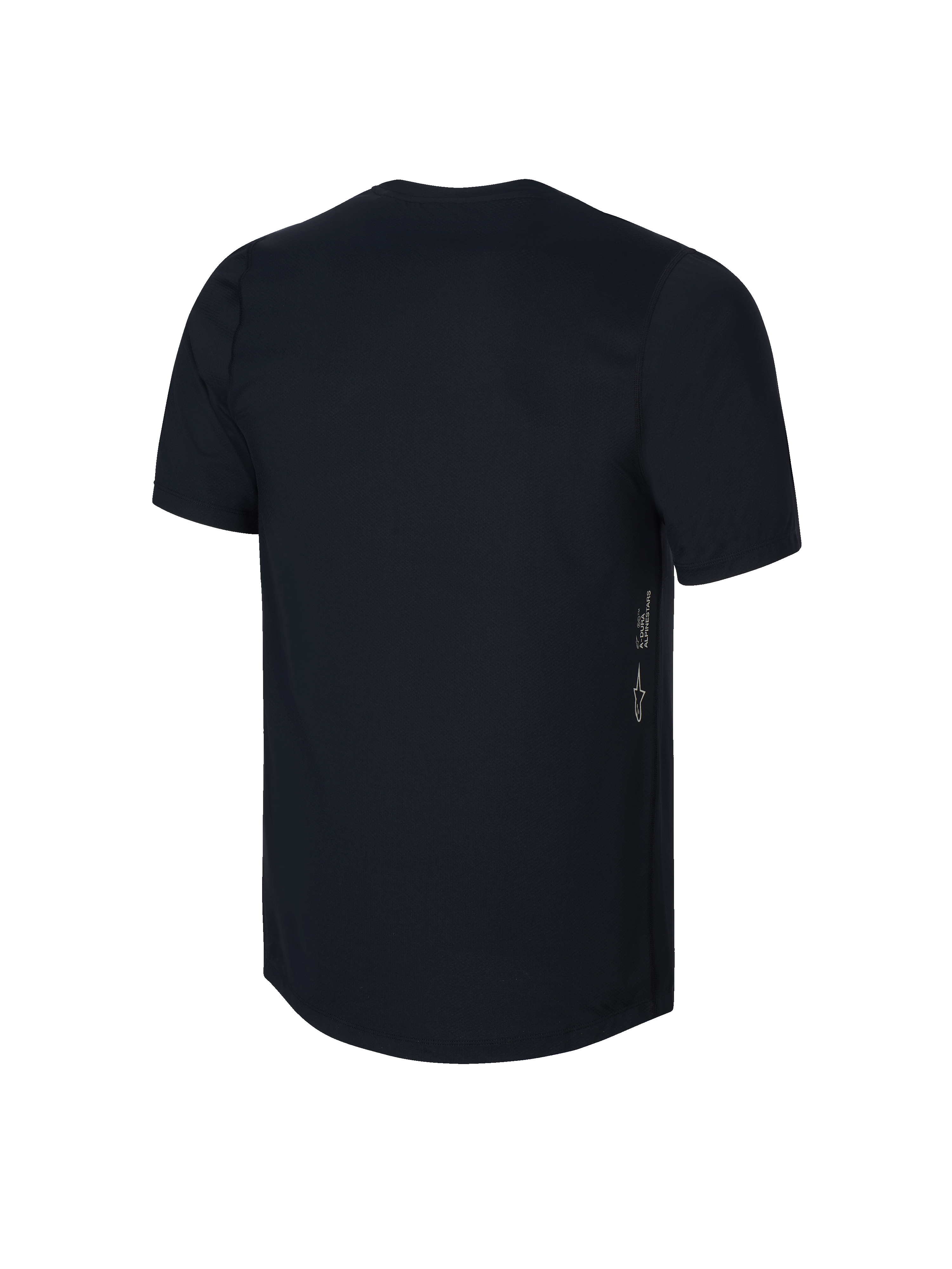 Alpinestars Jeugd A-Dura Jersey met korte mouwen, zwart, achteraanzicht met verticaal Astars-logo en A-DURA-branding aan de zijkant, hoogwaardige vochtafvoerende stof voor jeugd MTB, verlengde achterkant voor extra dekking