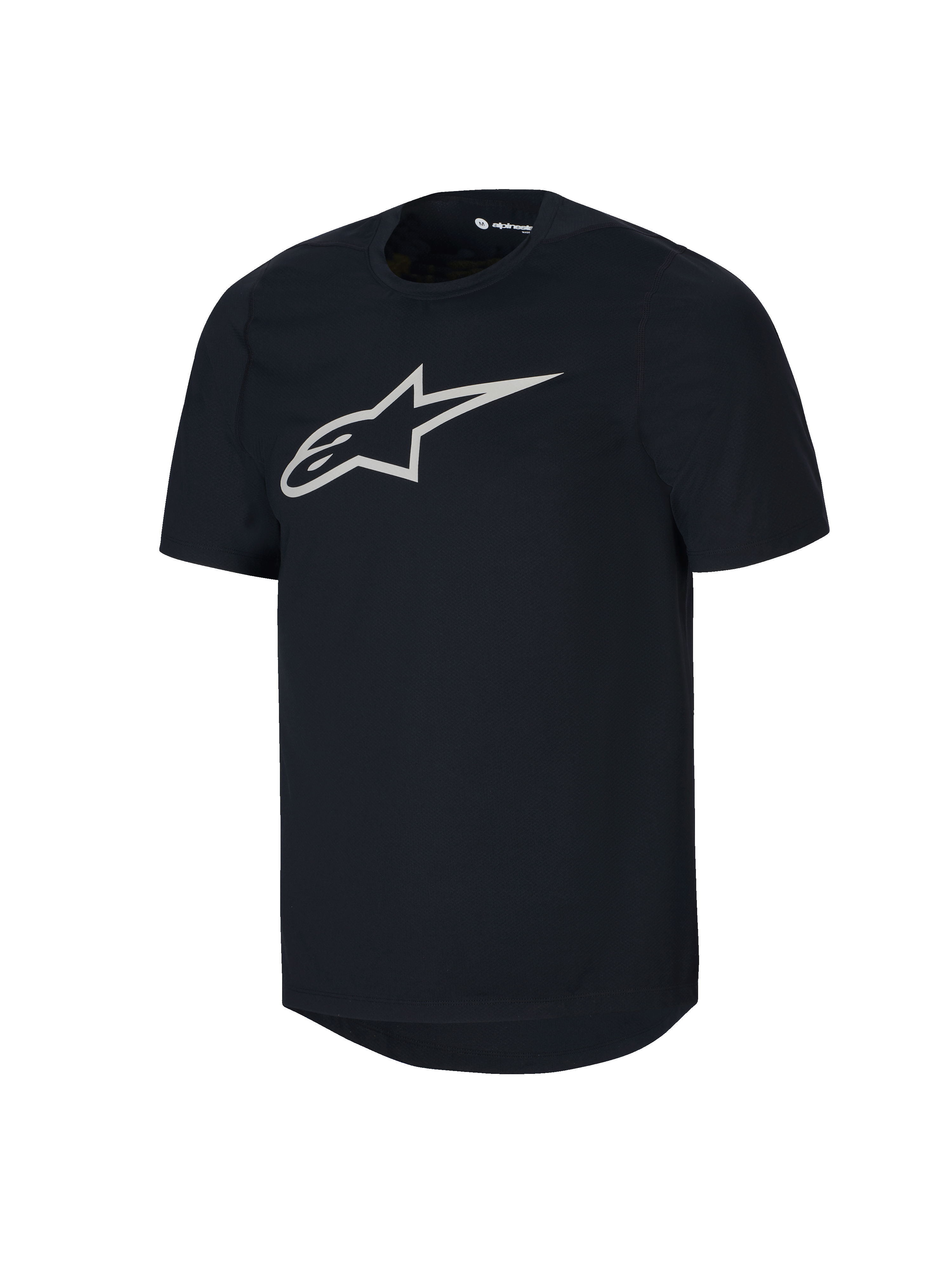 Alpinestars Youth A-Dura jersey met korte mouwen, zwart MTB-shirt, groot wit Astars-logo op de borst, ronde hals, casual mountainbike-prestatiekleding
