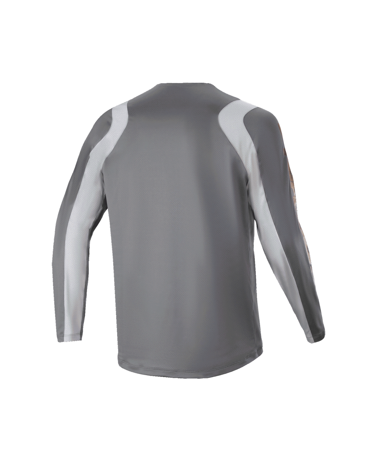 Alpinestars Jeugd A Supra Astar Jersey met lange mouwen, achteraanzicht, donkergrijs met lichtgrijze schouder- en armpanelen, MTB-jersey met sportieve pasvorm, ademend polyester materiaal voor gravity-rijden