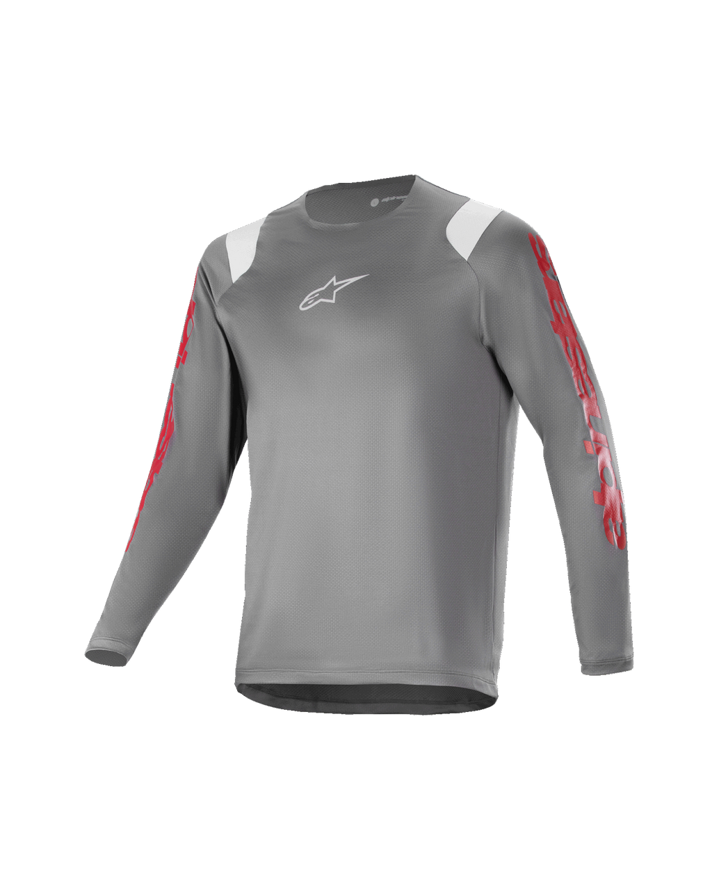 Alpinestars Youth A Supra Astar Long Sleeve Jersey, jeugd mountainbike shirt met lange mouwen, donkergrijs met witte schouderaccenten en rode branding op de mouwen, wit logo op de borst, ademend technisch materiaal, ronde halslijn, atletische pasvorm voor mountainbiken