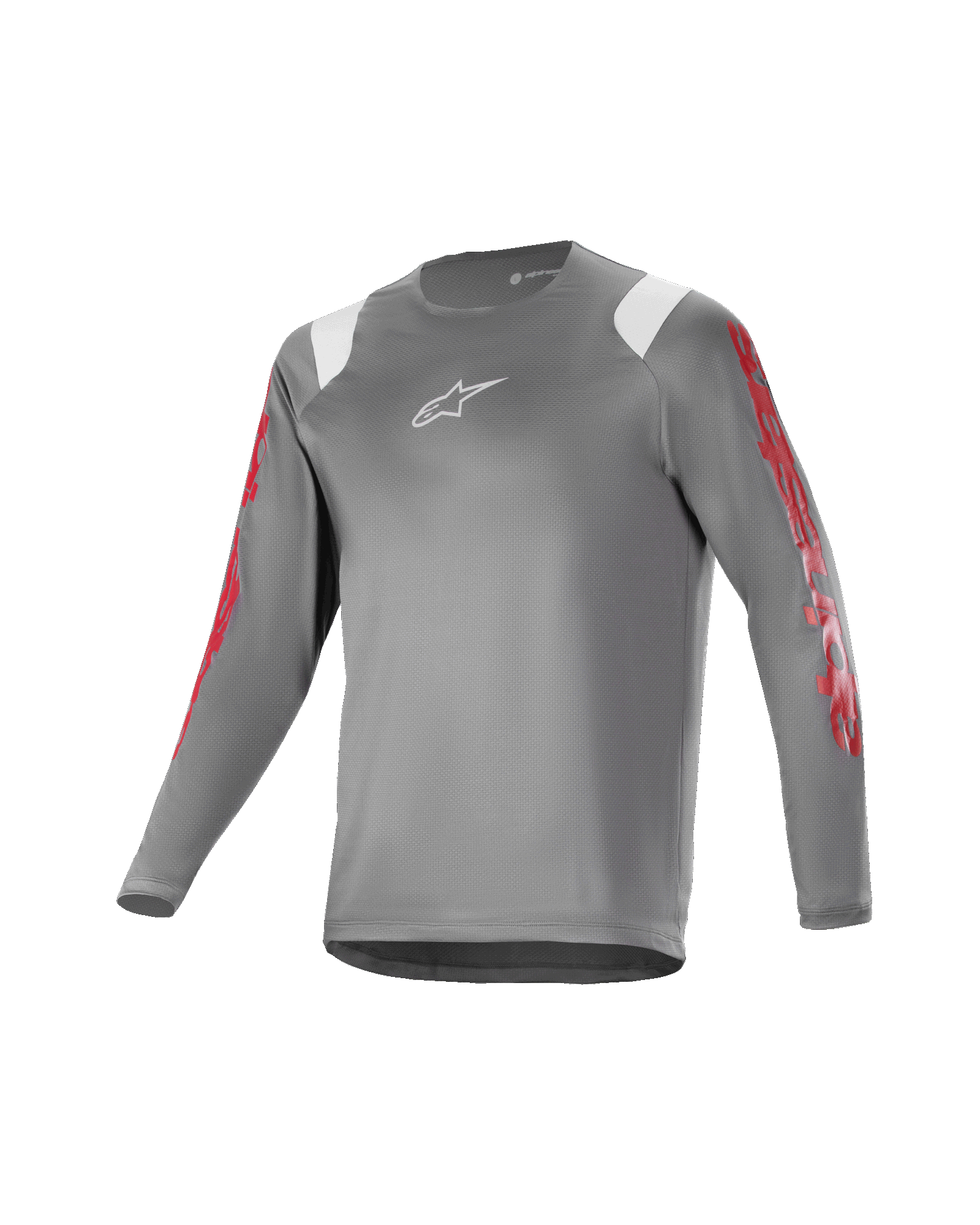 Alpinestars Youth A Supra Astar Long Sleeve Jersey, jeugd mountainbike shirt met lange mouwen, donkergrijs met witte schouderaccenten en rode branding op de mouwen, wit logo op de borst, ademend technisch materiaal, ronde halslijn, atletische pasvorm voor mountainbiken