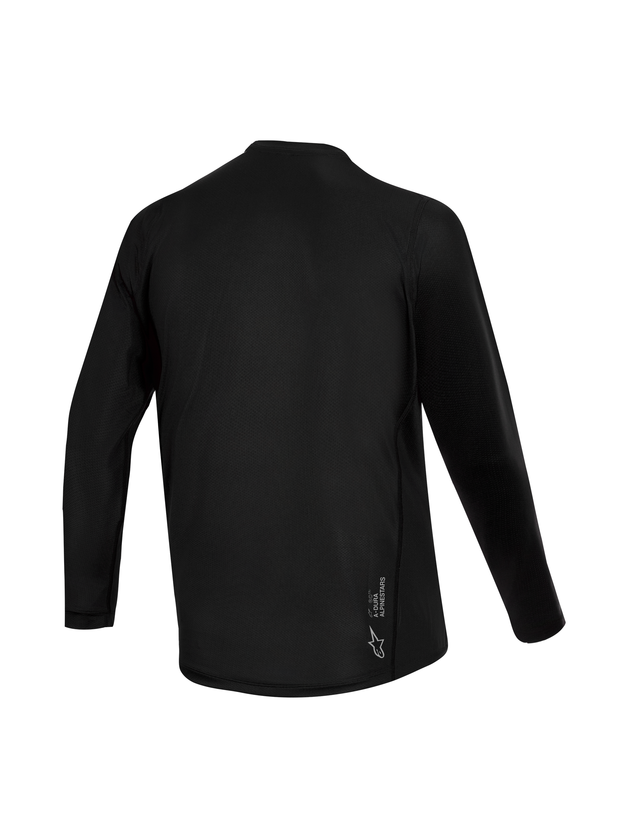 Zwarte Stella A-Dura Ride damestrui met lange mouwen, achteraanzicht met jacquard-textuur en Alpinestars-logo.