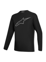 Stella A-Dura Ride Jersey, zwart dames MTB-shirt met lange mouwen en grijs Astars-logo, technische fietskleding.