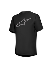 Zwarte Stella A-Dura Ride MTB-trui met korte mouwen en grijs Astars-logo op de borst, sportieve fietskleding voor dames.