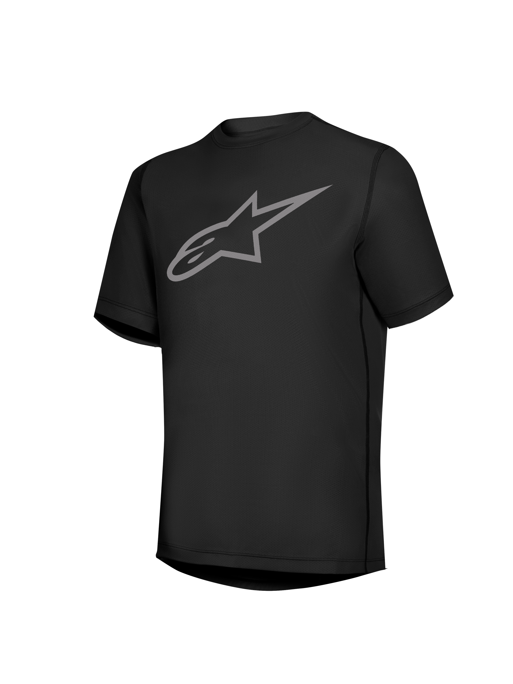 Zwarte Stella A-Dura Ride MTB-trui met korte mouwen en grijs Astars-logo op de borst, sportieve fietskleding voor dames.
