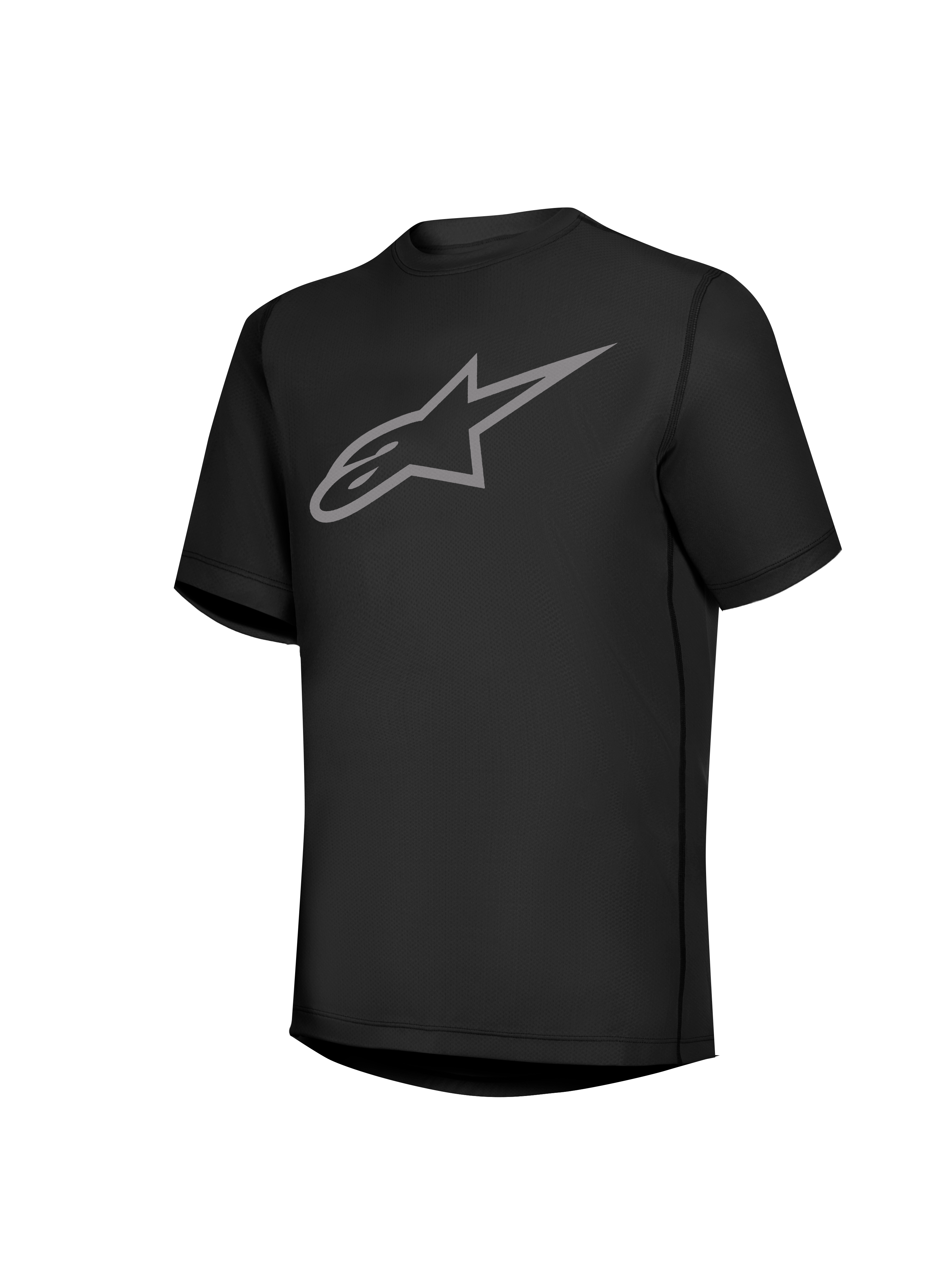 Zwarte Stella A-Dura Ride MTB-trui met korte mouwen en grijs Astars-logo op de borst, sportieve fietskleding voor dames.