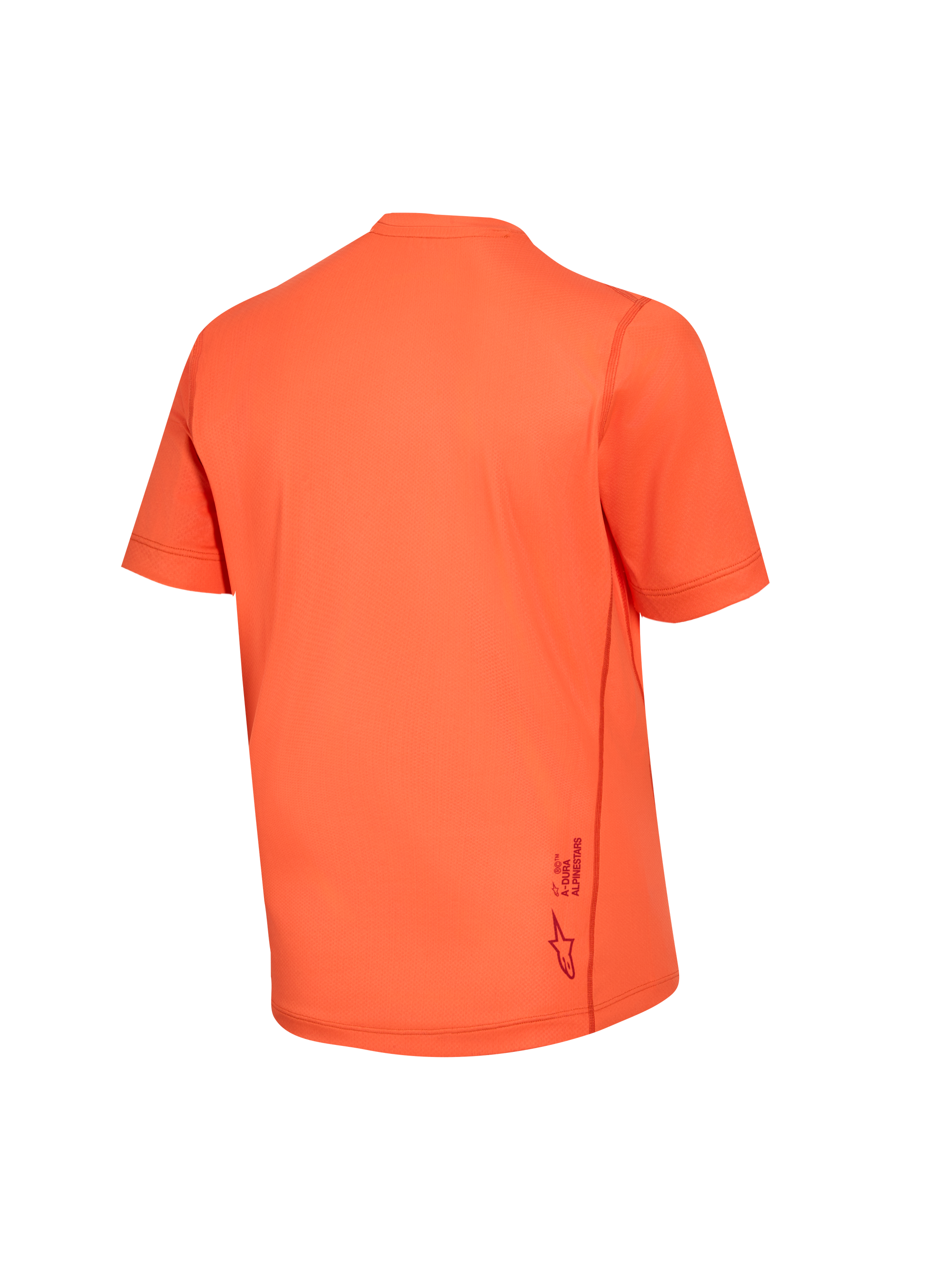 Oranje Stella A-Dura Ride fietsshirt voor dames, achteraanzicht met jacquardstof en logo-detail onderaan.