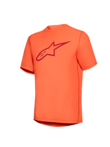 Oranje Stella A-Dura Ride MTB-shirt voor dames met korte mouwen en een rood Astars-logo op de borst.