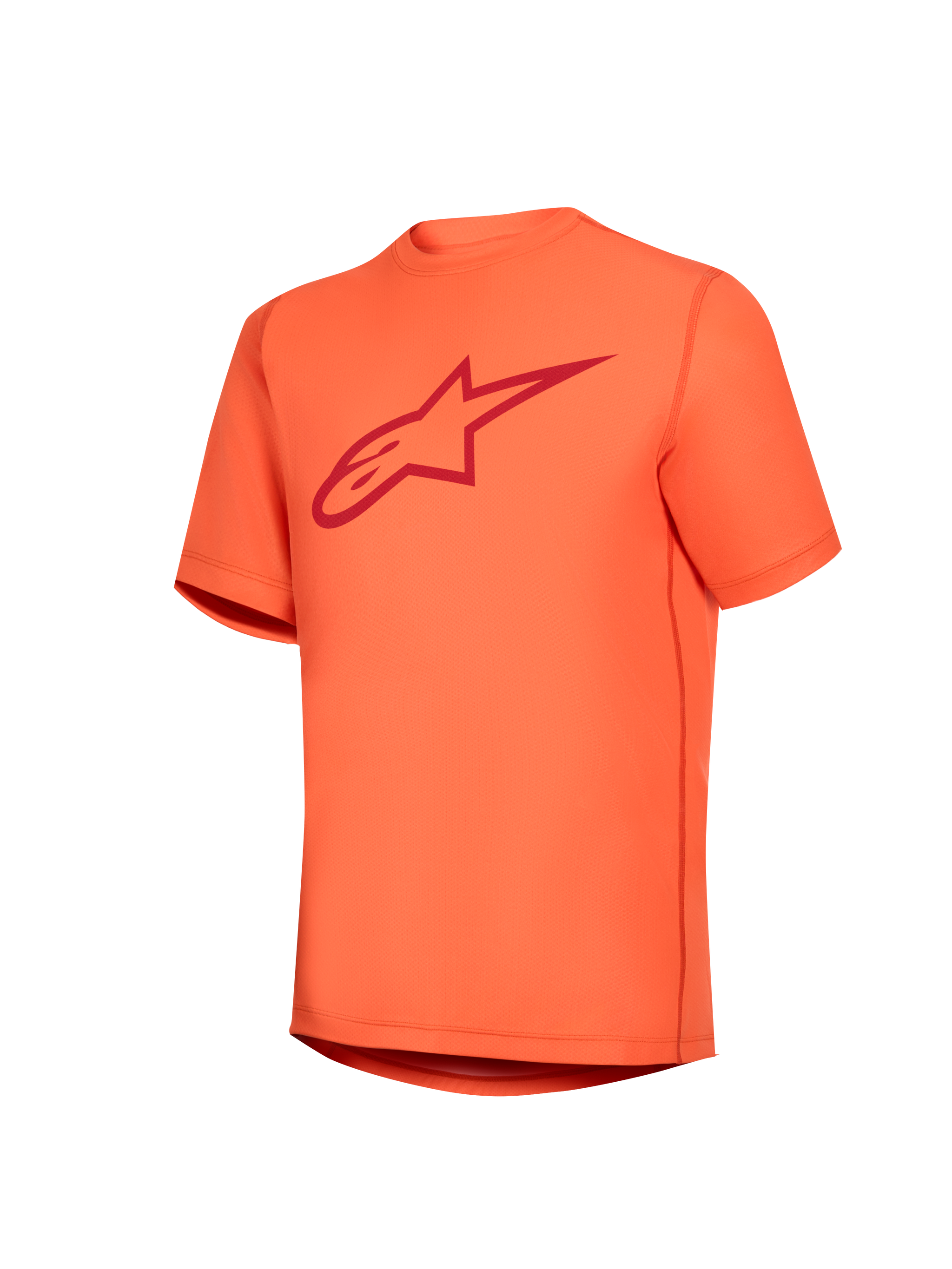 Oranje Stella A-Dura Ride MTB-shirt voor dames met korte mouwen en een rood Astars-logo op de borst.