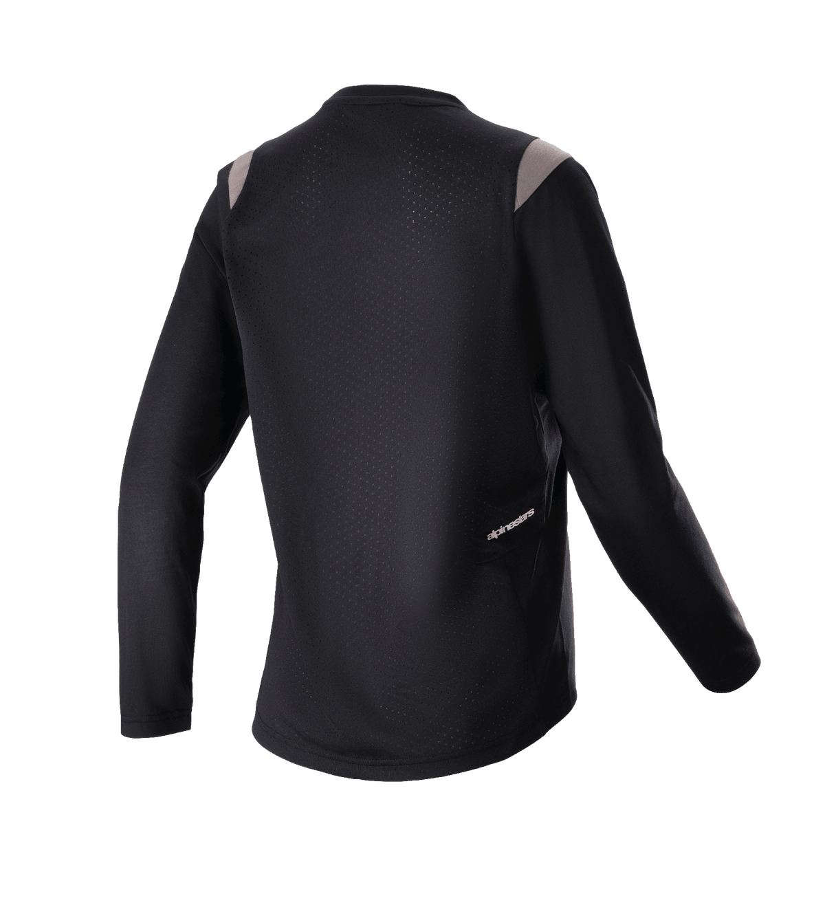Alpinestars Stella Alps Escape damesjersey met lange mouwen, zwart met grijze schouderaccenten, achteraanzicht met geperforeerd mesh achterpaneel voor ventilatie en klein Alpinestars-logo, mountainbike fietskleding