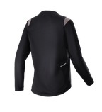 Alpinestars Stella Alps Escape damesjersey met lange mouwen, zwart met grijze schouderaccenten, achteraanzicht met geperforeerd mesh achterpaneel voor ventilatie en klein Alpinestars-logo, mountainbike fietskleding