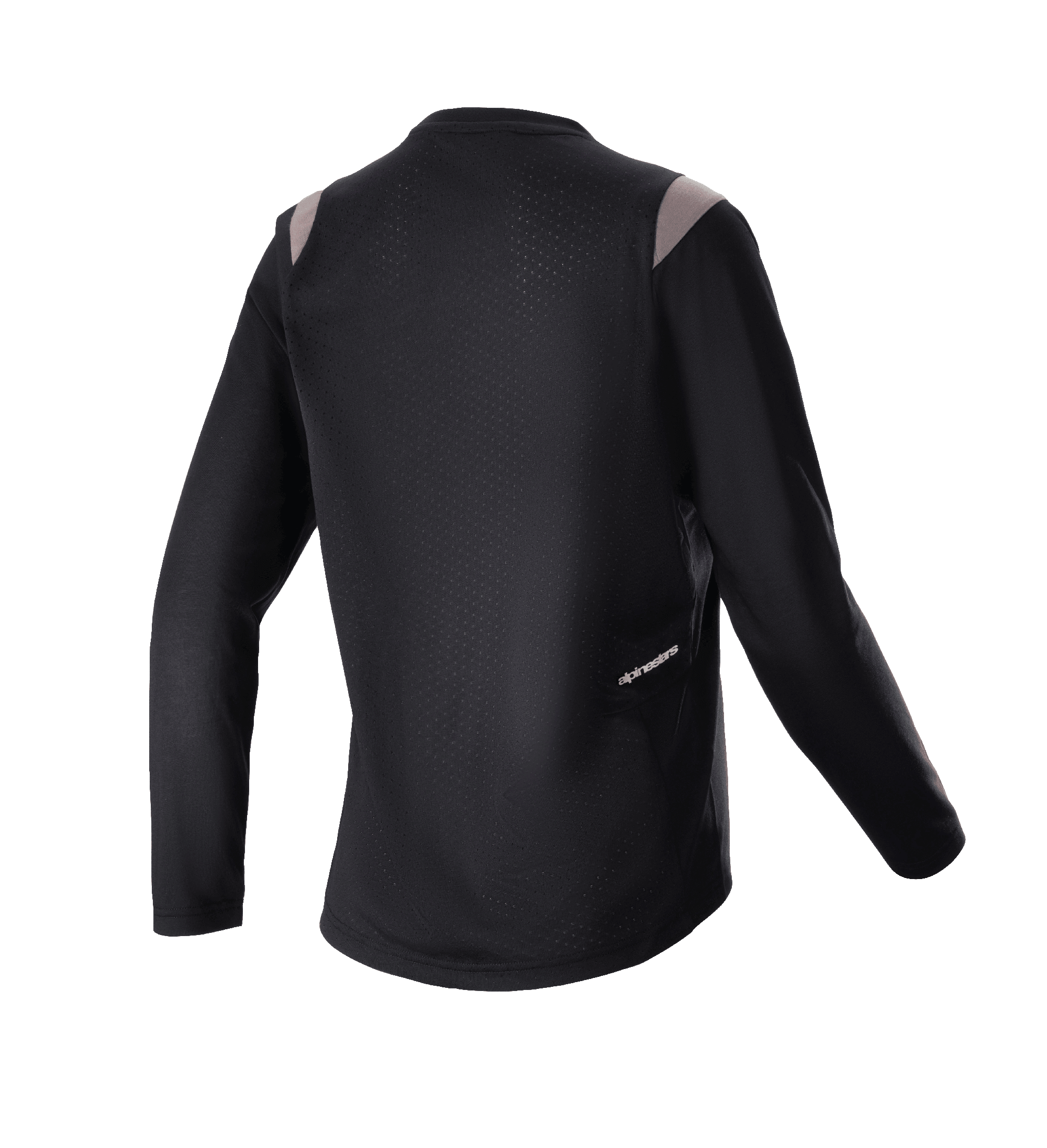 Alpinestars Stella Alps Escape damesjersey met lange mouwen, zwart met grijze schouderaccenten, achteraanzicht met geperforeerd mesh achterpaneel voor ventilatie en klein Alpinestars-logo, mountainbike fietskleding