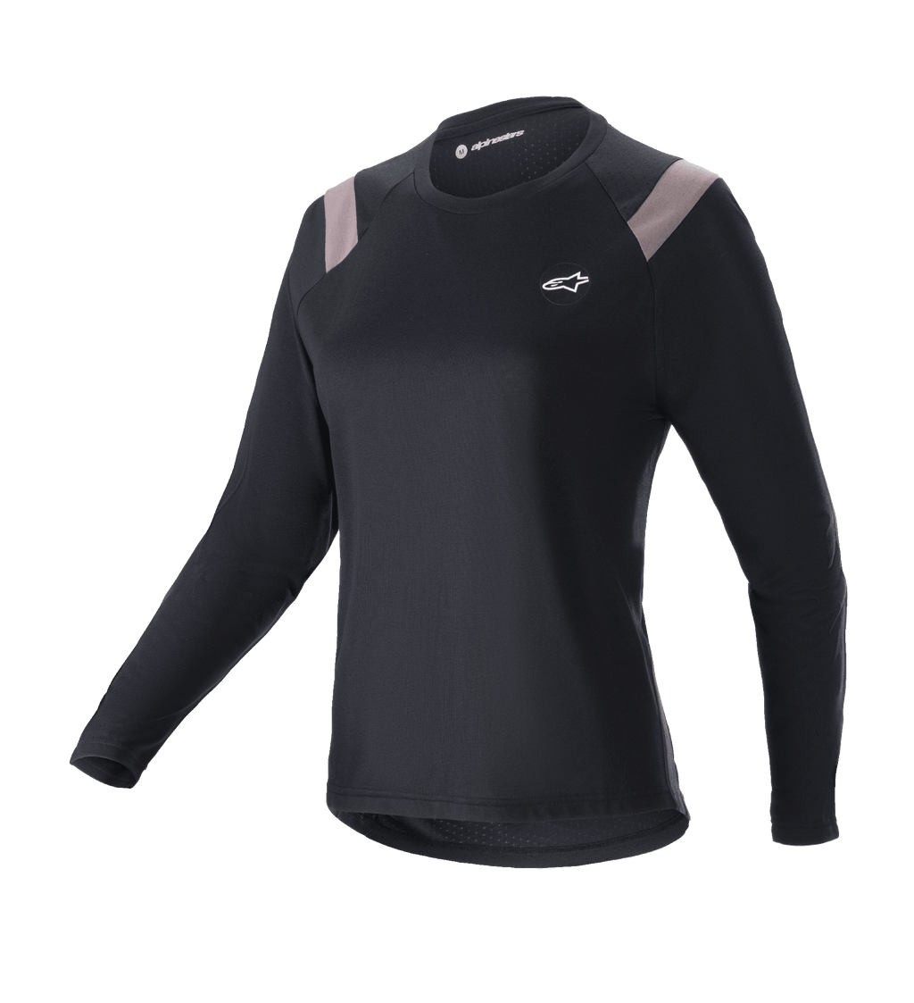 Alpinestars Stella Alps Escape Jersey, dames mountainbike shirt met lange mouwen, zwart met lichtgrijze schouderpanelen, ronde hals, klein wit logo op de borst, sportieve atletische pasvorm