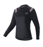 Alpinestars Stella Alps Escape Jersey, dames mountainbike shirt met lange mouwen, zwart met lichtgrijze schouderpanelen, ronde hals, klein wit logo op de borst, sportieve atletische pasvorm