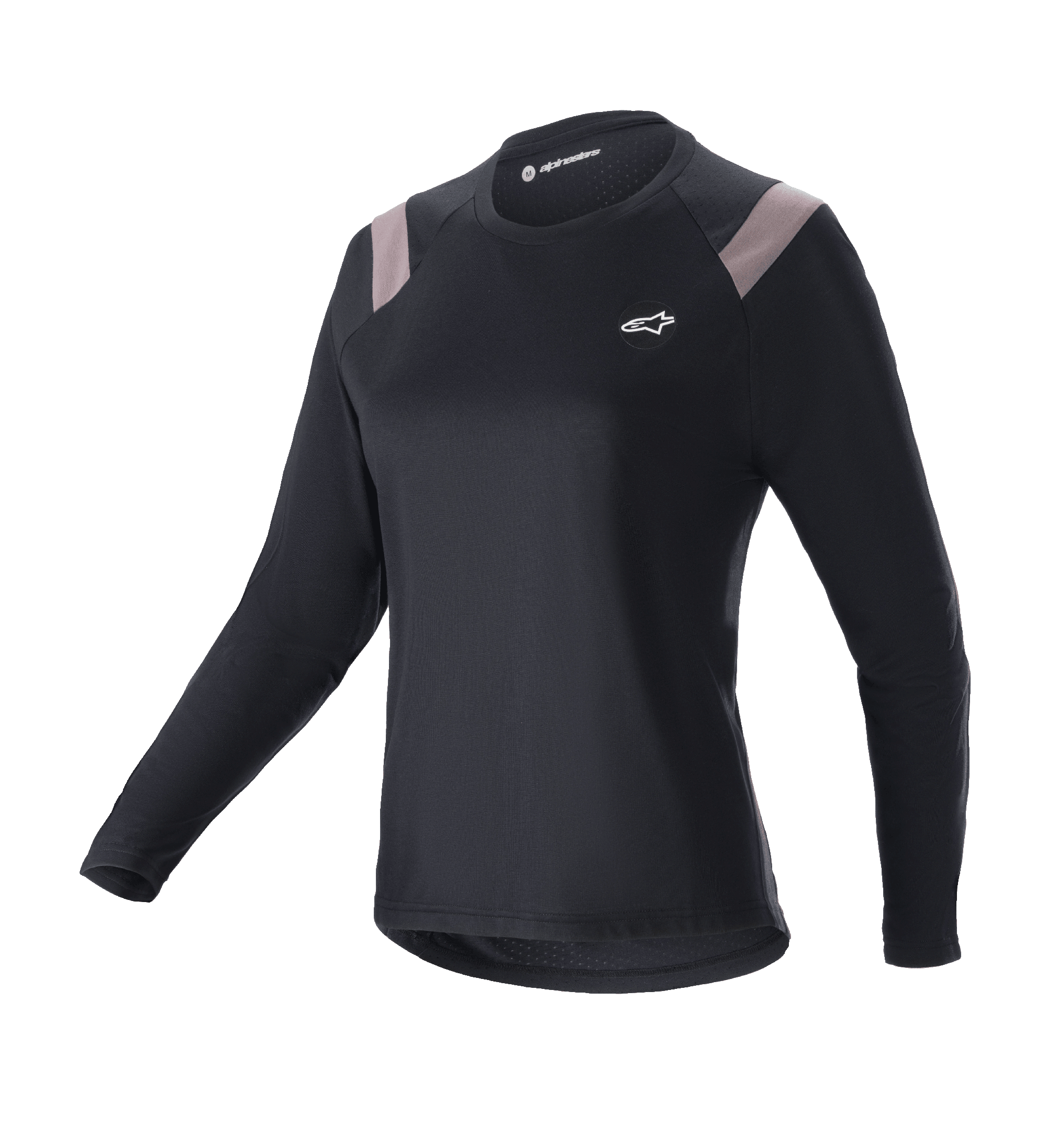 Alpinestars Stella Alps Escape Jersey, dames mountainbike shirt met lange mouwen, zwart met lichtgrijze schouderpanelen, ronde hals, klein wit logo op de borst, sportieve atletische pasvorm