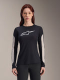 Alpinestars Stella A-Dura Dri Astar damesshirt, mountainbikeshirt met lange mouwen, zwart met wit logo en lichtgrijze mesh-panelen op de mouwen, hoogwaardige fietskleding voor dames