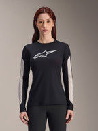 Alpinestars Stella A-Dura Dri Astar damesshirt, mountainbikeshirt met lange mouwen, zwart met wit logo en lichtgrijze mesh-panelen op de mouwen, hoogwaardige fietskleding voor dames