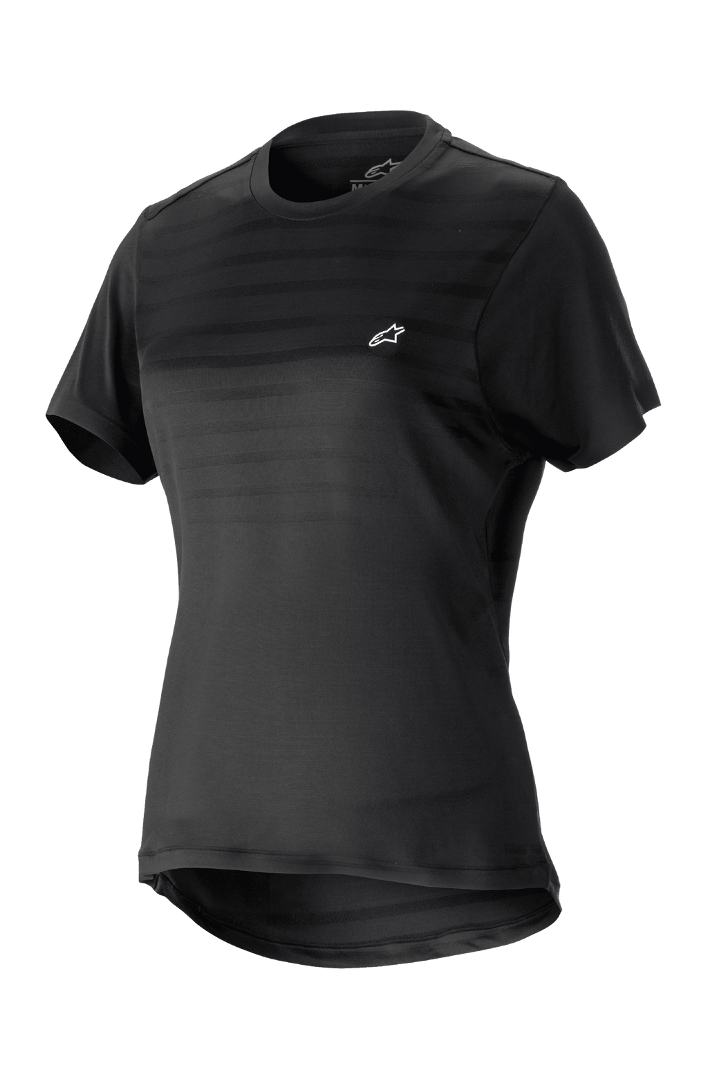 Alpinestars Stella Alps Constellation Jersey voor dames, mountainbikeshirt met korte mouwen, zwart met subtiele horizontale strepen op de borst, klein wit logo, ronde hals, verlengde achterzijde voor extra dekking, lichtgewicht ademende stof voor MTB